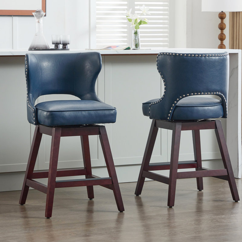 26" Solid Wood Swivel Counter Stool, Blue, 2