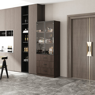 Modern Aluminum Frame Bookcase With Tempered Glass Doors, 3-Color LED Lighting, And Storage Drawers