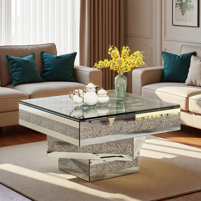 Modern Mirrored Coffee Table With Faux Diamond Inlay, Tempered Glass Top And Mirrored Stacked Base
