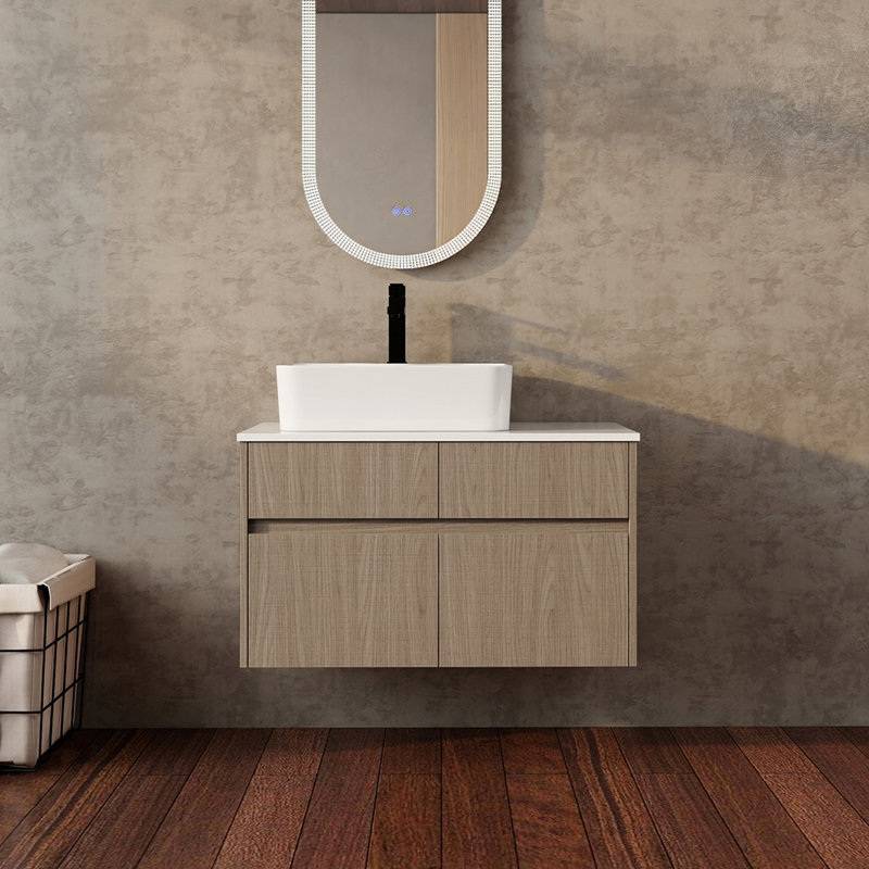 Meuble-lavabo mural 32 po avec lavabo en céramique et panneau plat en PVC, 2 portes à fermeture douce et 1 tiroir, emballage KD, panneau de particules