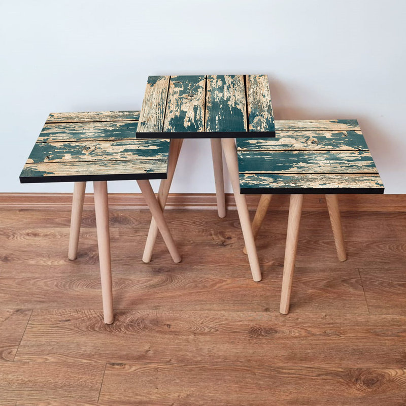 Ensemble de tables gigognes modernes (3 pièces), vert et beige, 13,8 x 20,5 x 13,8 pouces | 100% panneau de fibres à densité moyenne avec pieds en bois de hêtre, épaisseur: 0,7 pouce | Conception rustique et fantaisiste, parfaite pour le salon et la décoration intérieure