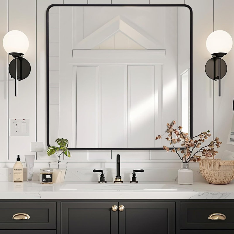 Miroir de salle de bain rectangulaire contemporain | Cadre épais en acier inoxydable, Noir mat, 36 po x 36 po