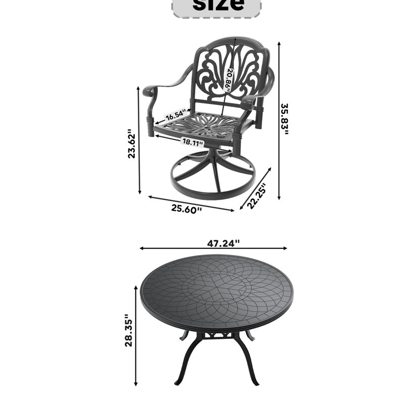 Ensemble de 7 chaises de patio pivotantes en fonte d'aluminium: table de 47,24 po, structure noire, facile à assembler
