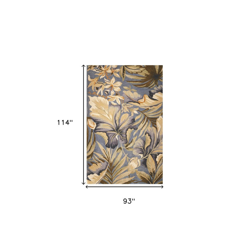 Tapis botanique tropical en laine touffeté à la main 8 pi x 10 pi bleu et beige