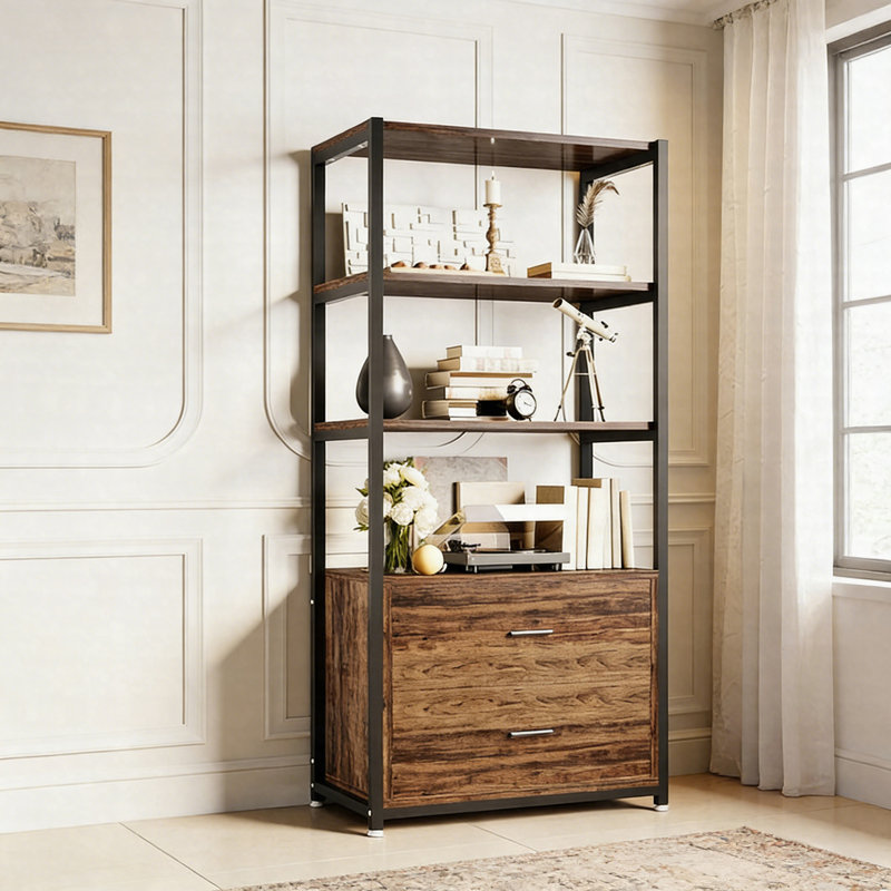 Bibliothèque à 4 niveaux avec 2 tiroirs, étagère de rangement autoportante industrielle, Rustic