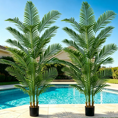 Ensemble de 2 palmiers artificiels, plantes artificielles en pot 5 pi / 6 pi / 7 pi avec base en ciment noir, palmier en soie réaliste pour la décoration intérieure du patio