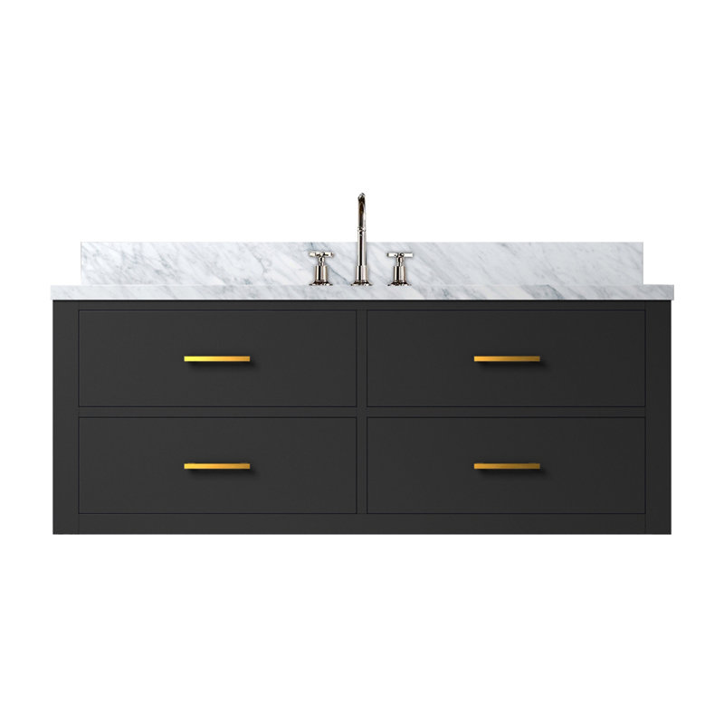 Ensemble de meuble-lavabo simple avec plateau en marbre de Carrare et robinet, Noir, noir, noir, noir