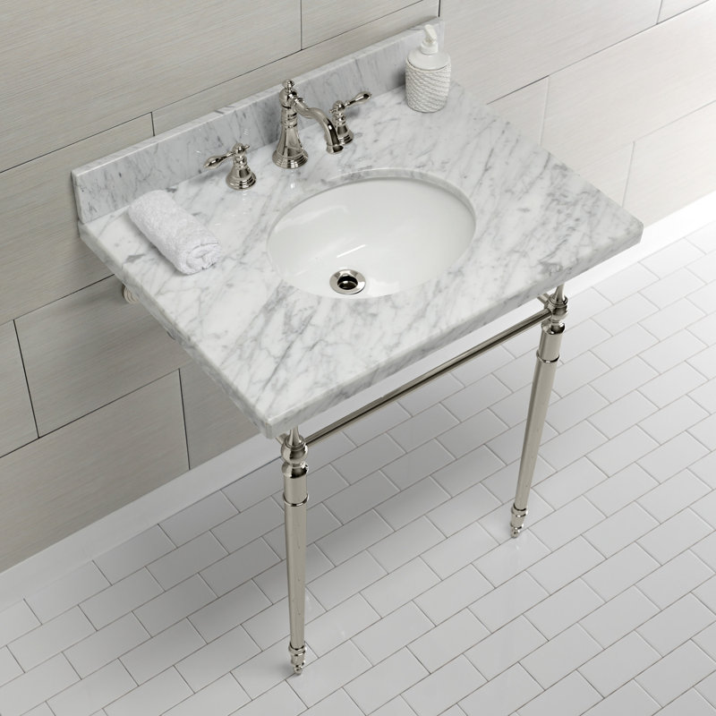 Kingston Brass Edwardian 30-Inch Carrara Marble Console Sink with Brass Legs (8-Inch, 3-Hole), Marble White/Polished Nickel
