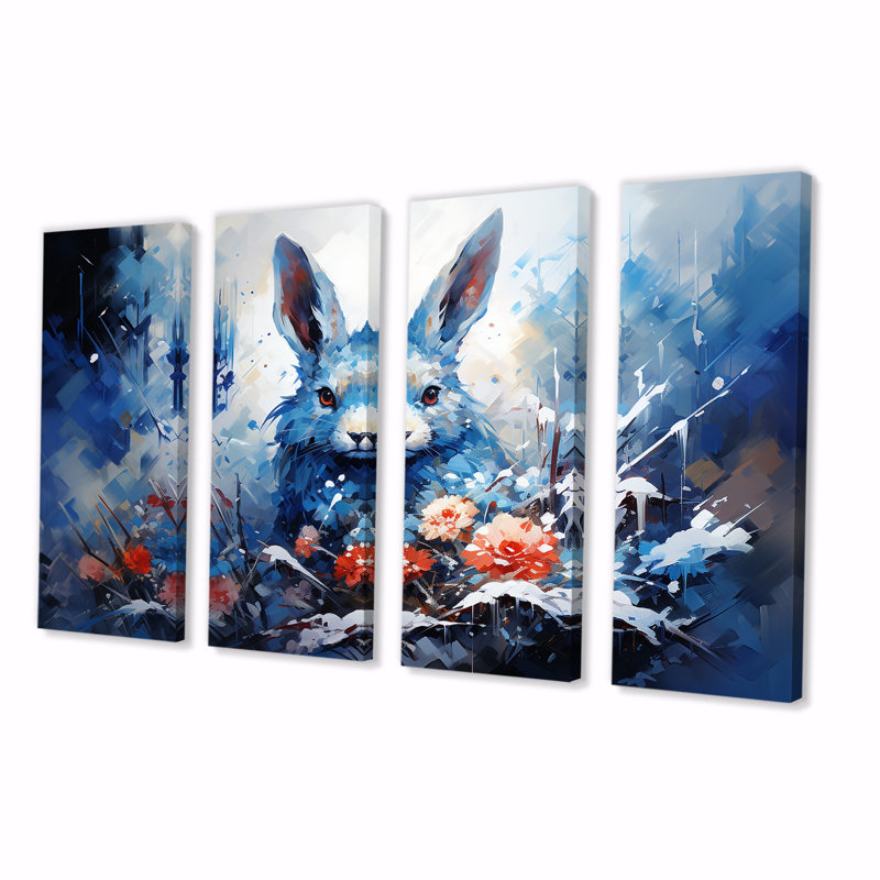 «Blue Rabbit Winter Solitude - Lapin», art mural 4 pièces pour le salon, H 28 po x l 48 po