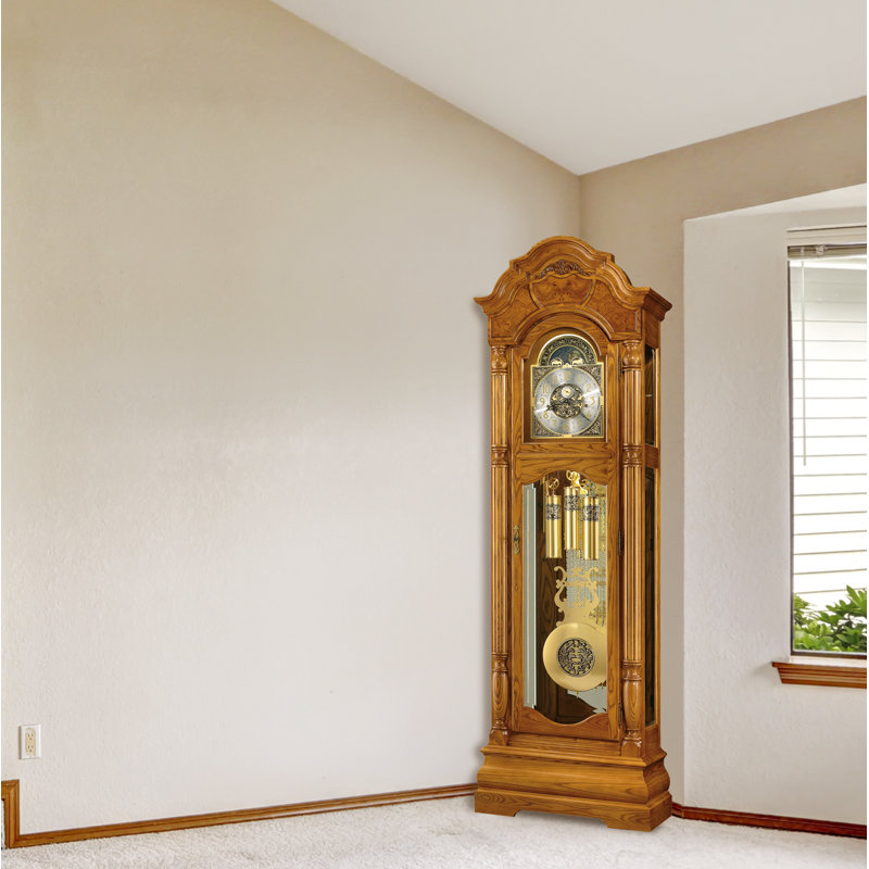 Scarborough Grandfather Clock, Bonnet Pediment, German Triple-Chime Movement, Beveled Glass