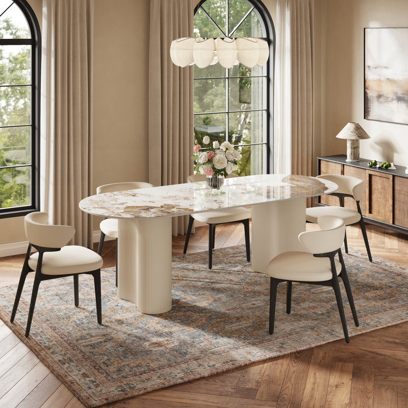 Sabo 6 - Person Faux Marble Top Dining Set, White/Beige/Cream