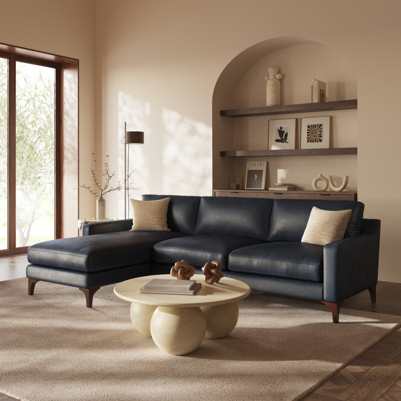 Sorrento Full-Grain Genuine Italian Leather Sectional, Left Hand Facing, Blue