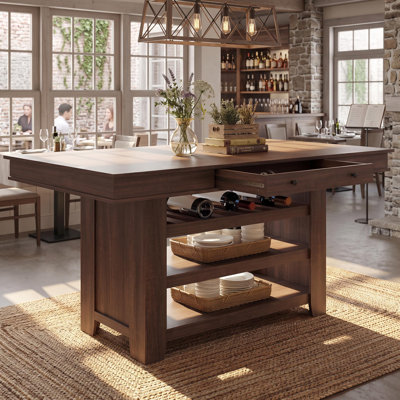 Table de salle à manger 60 po à hauteur de comptoir pour 4 à 6 personnes - Îlot de cuisine avec support à vin, 2 tiroirs et tablettes ouvertes - Rangement fixe à 4 niveaux pour la salle à manger ou la cuisine