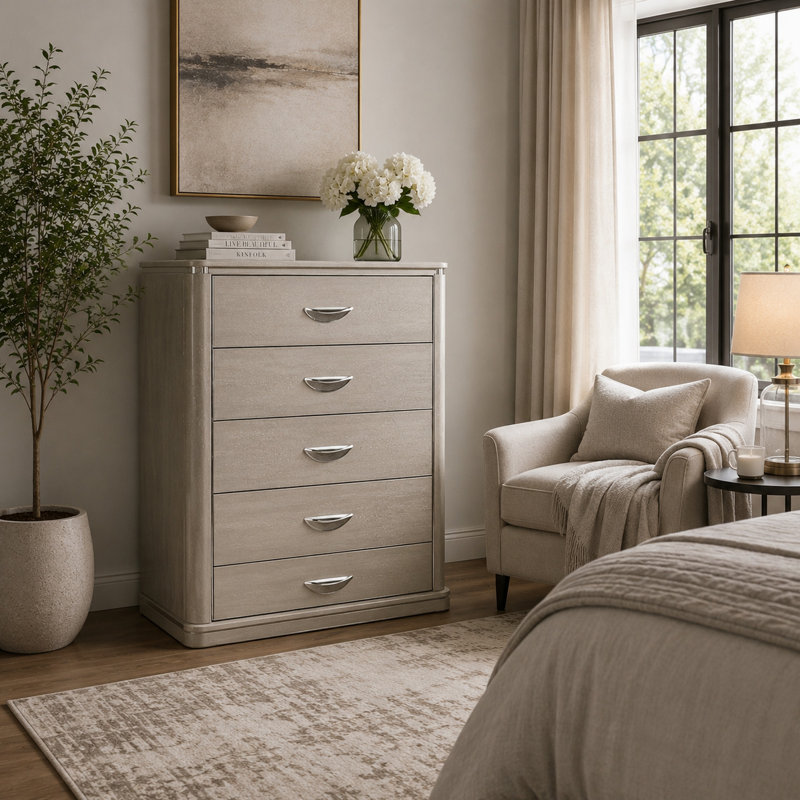 Commode haute 5 tiroirs Fezi, poignées argentées, gris poussiéreux