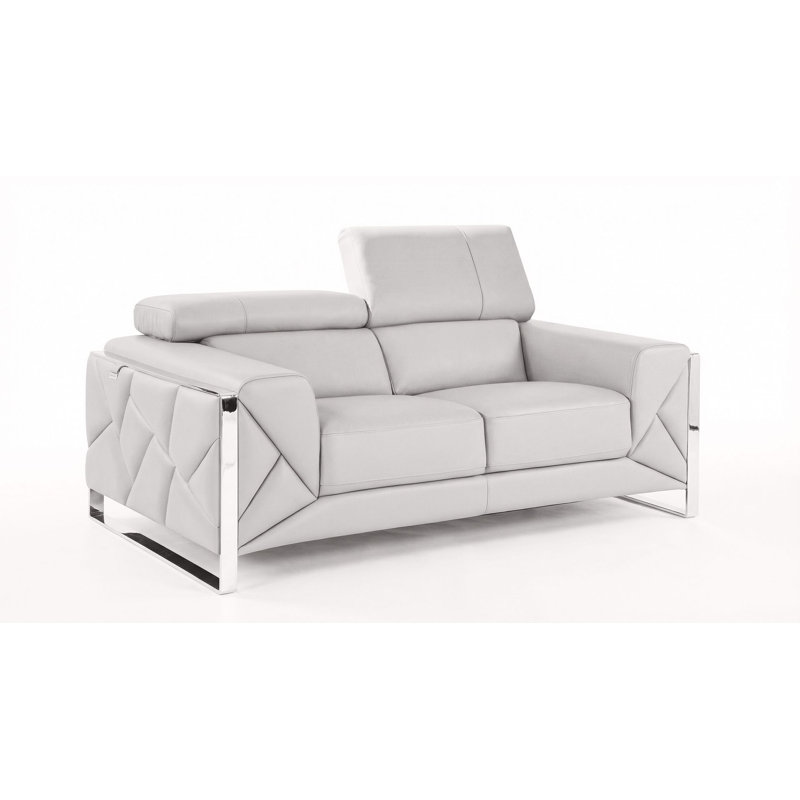 Ensemble de canapé et causeuse en cuir véritable gris clair 2 pièces avec appuis-tête réglables, Gris clair