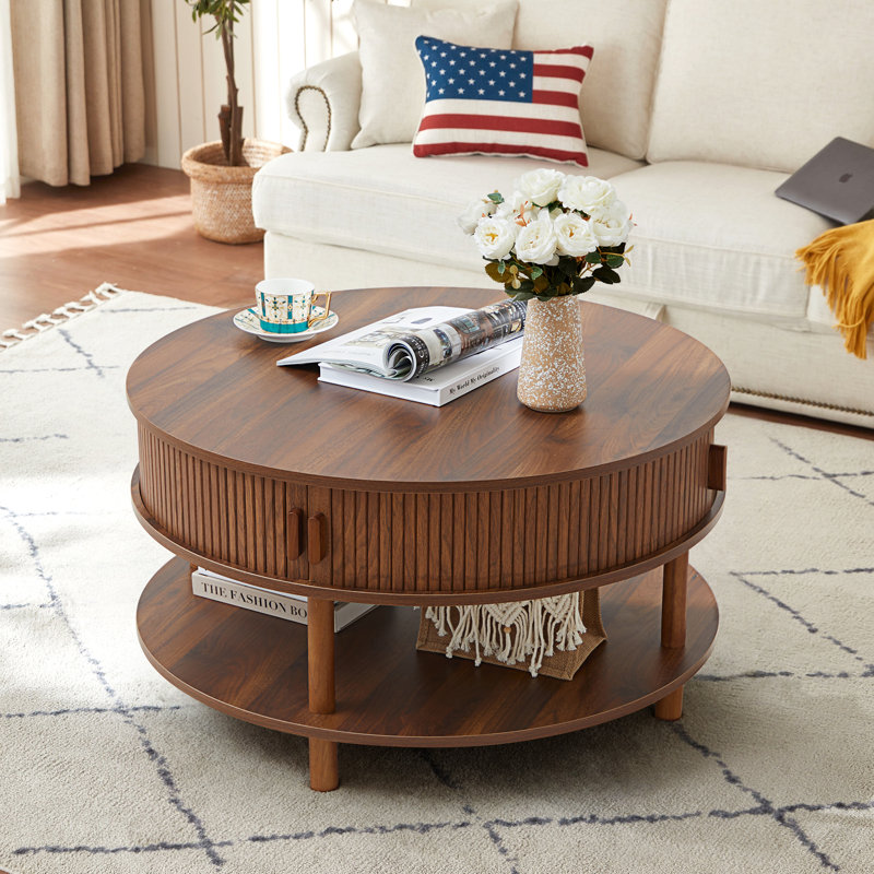 Round Coffee Table With Sliding Door, Walnut