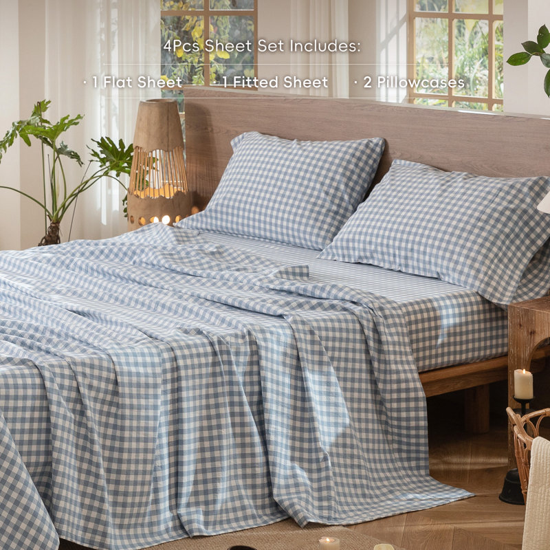 Ensemble de draps 100% coton lavé MooMee, Ensemble de draps pour grand lit avec 2 taies d'or, Bleu bleuet