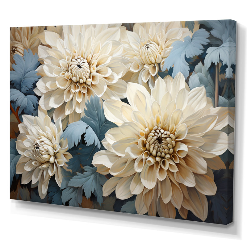 Chrysanthèmes blanc bleu mosaïque jardin II - décoration murale de chrysanthèmes, H 34 po x l 44 po x P 1,5 po, Toile tendue