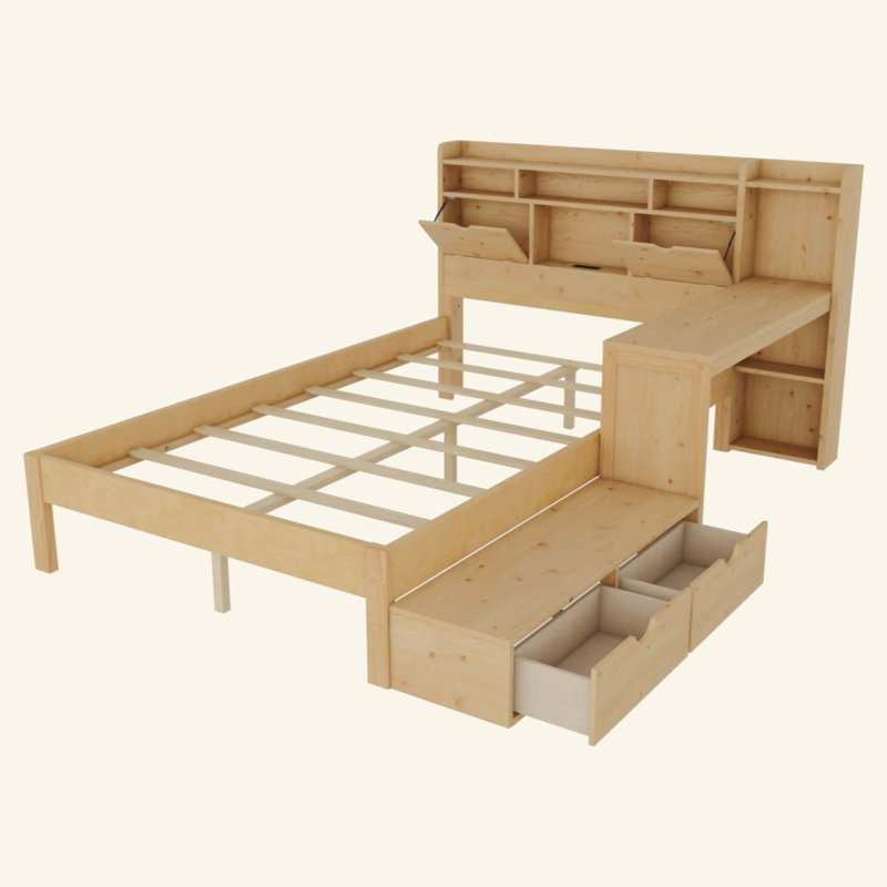 Lit plateforme avec bureau, base de lit avec tiroirs, lit en bois avec tête de rangement et station de charge, Double