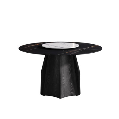 53" Round Sintered Stone Dining Table, Black Oak Base, 6 Seats, 23.62" Turntable, To Impact Damage Corrosion & Oxidation