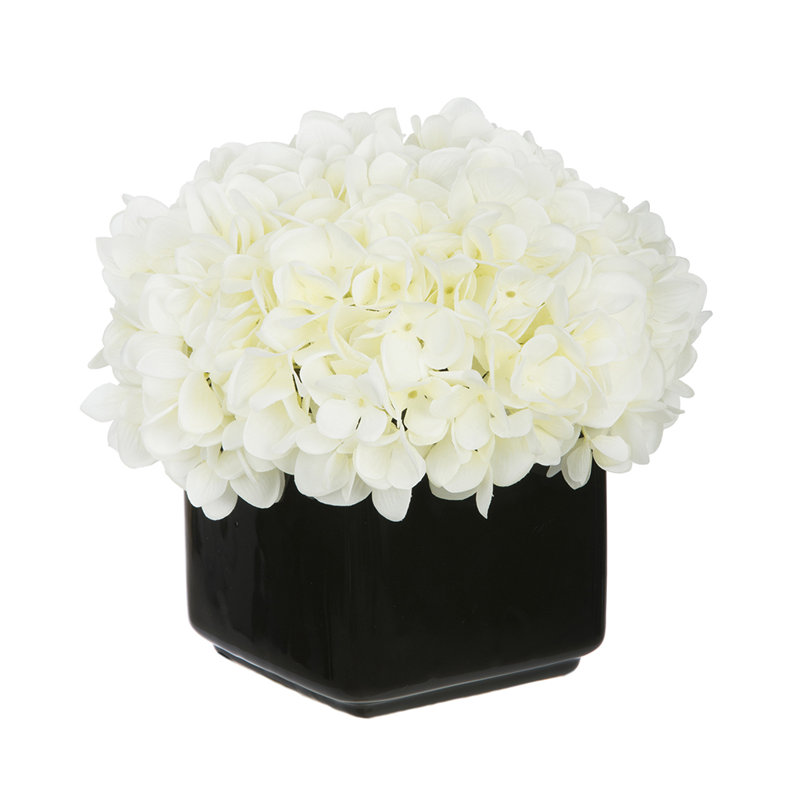 Hortensia artificiel dans un petit cube noir en céramique, Blanc