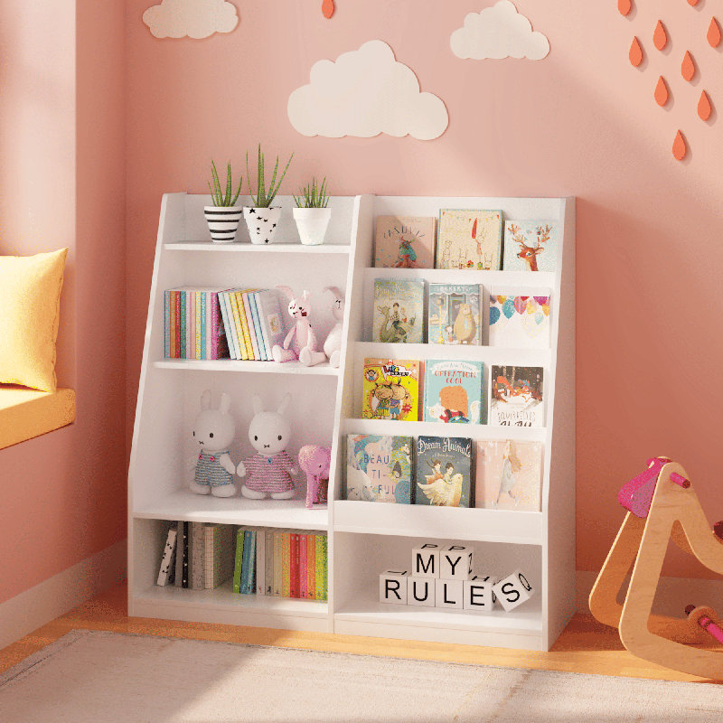 Kids Wooden Bookshelf Toy Storage Organizer, 4-Tier Bookcase Display Stand for Kids Room