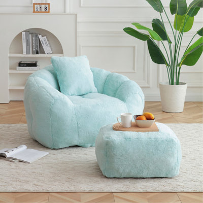 Giant Bean Bag Chair Withfootstool, Oversized Bean Bag  For Adults And Kids, Faux Fur Shell-Shaped Large Chair With Filler, Stuffed Big Accent Sofa,  Floor Sofa For Gaming,Reading Living Room Bedroom