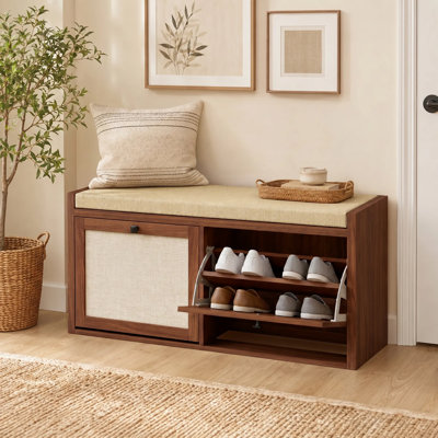 Banc de rangement pour chaussures en rotin avec coussin rembourré, banc d'entrée avec 2 armoires pour rangement caché, l 41,3 po x P 13,8 po x H 19,7 po, pour le couloir, le salon, la chambre à coucher, brun