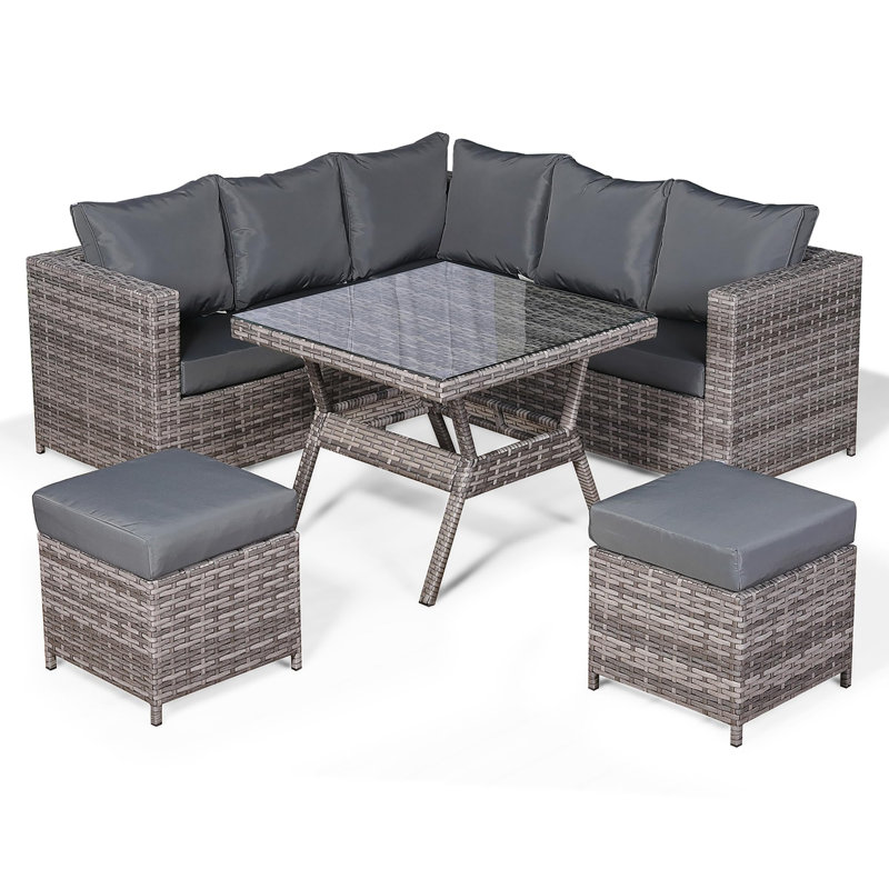 Rattan Park Modern Range Lille Corner Sofa Set With Dining Table In Grey Weave And Cushions