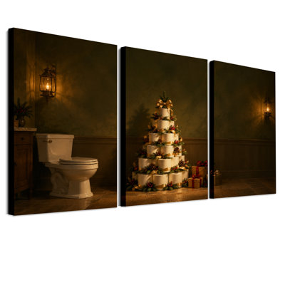 " Toilet Paper Tree with Gold Bow in Christmas " 3 Piece Art