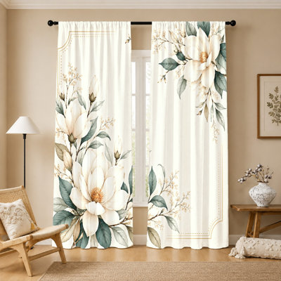 2 pièces de rideaux floraux Magnolia, tissu filtrant la lumière, motif botanique rétro, protection contre le soleil et la vie privée, conception à passe-tringle, convient au salon, à la chambre à coucher, au balcon et à la cuisine
