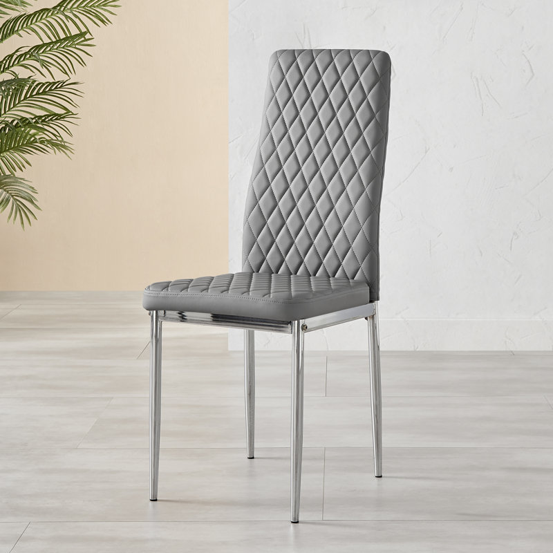 Lenworth Modern Chrome Metal and Glass Dining Table Set with 6 Luxury Faux Leather Dining Chairs, Elephant Gray