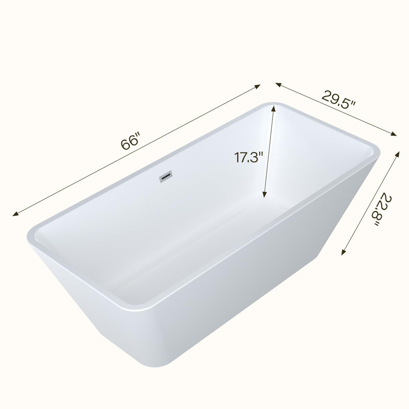 66" Acrylic Freestanding Soaking Tub, Contemporary Design Bathtub, Chrome Overflow & Drain