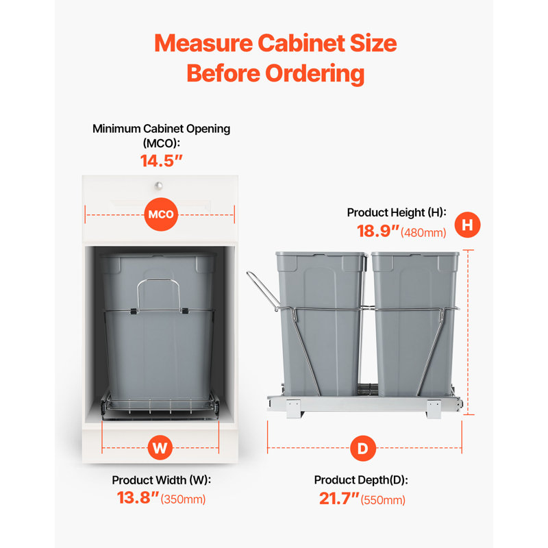 Poubelle coulissante pour armoires de cuisine, 35 QT x2, double bac à déchets sous évier, contenant à déchets encastré, avec système coulissant à extension complète en métal robuste et poignée.