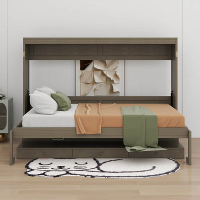 Grand lit escamotable horizontal avec bureau, lit escamotable mural avec miroir de coiffeuse et tiroirs de rangement