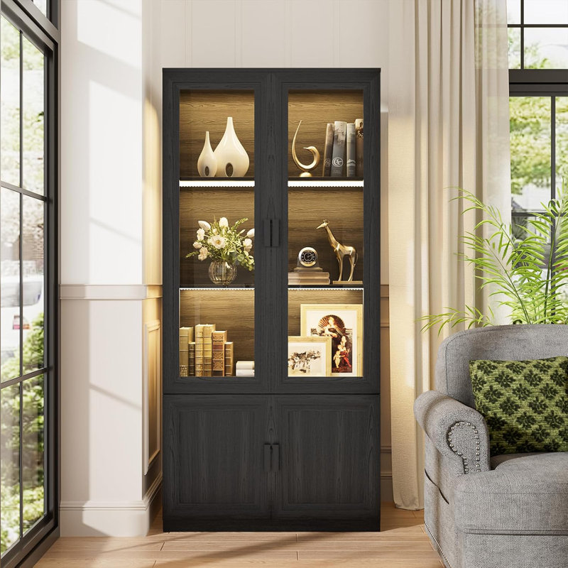 Vitrine avec portes en acrylique, armoire de rangement Curio avec 3 tablettes, bibliothèque avec lumières DEL, capteur de corps humain pour livres et collections, noir