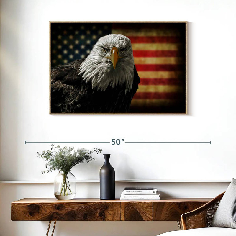 Aigle et drapeau de l'Amérique, Cadre flottant en bois naturel, 37 po x 25 po
