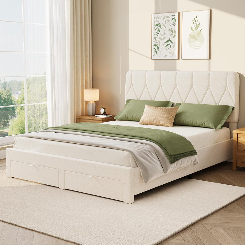 Structure de lit plateforme en velours grand avec 2 tiroirs de rangement et tête de lit, beige, White, Queen
