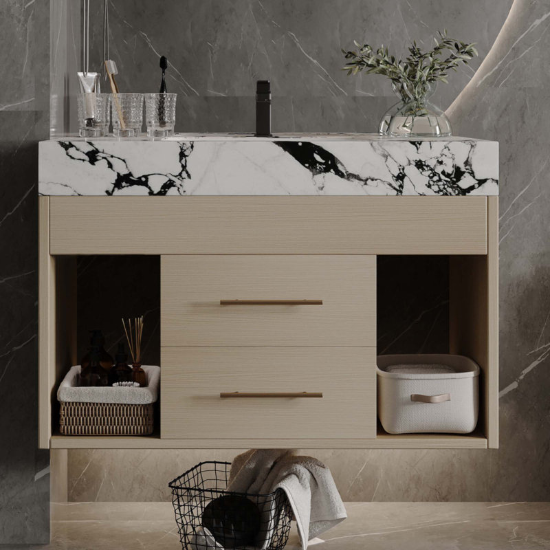 Ensemble de meuble-lavabo flottant 29,9 po avec évier encastré en céramique, Brun