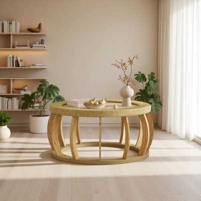 35.43"Vintage Rattan Solid Wood Round Coffee Table, Curved Legs Boho Accent Table For Dining Room