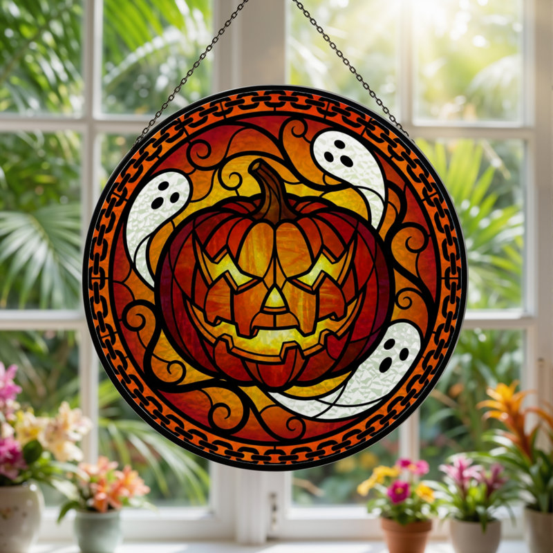 Panneau de vitrail en verre coloré 12 "H Pumpkin