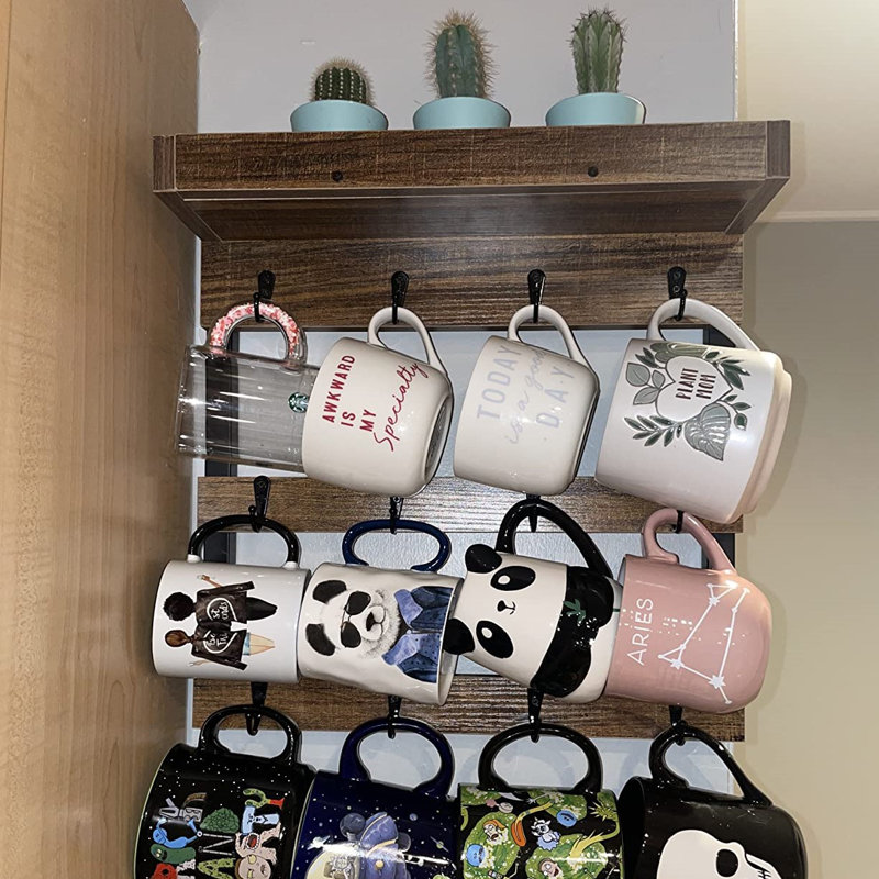 Coffee Mug Rack Wall Mounted With 12 Hooks And Storage Shelf