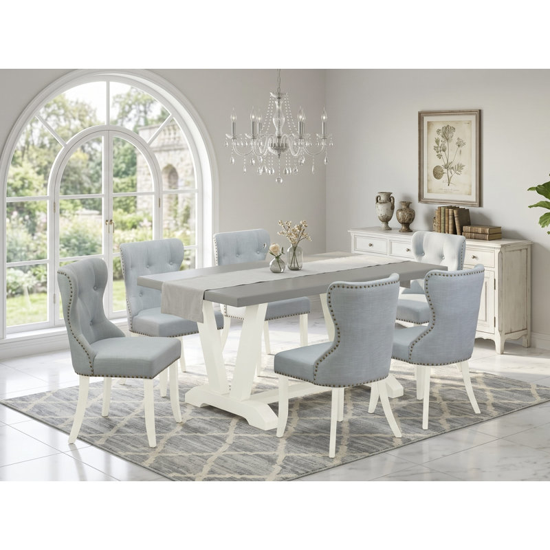 7-Pc Kitchen Table Set Consists of a Cement Dining Table and 6 Baby Blue Linen Fabric Parson Chairs with Button Tufted Back - Wire Brushed Linen White