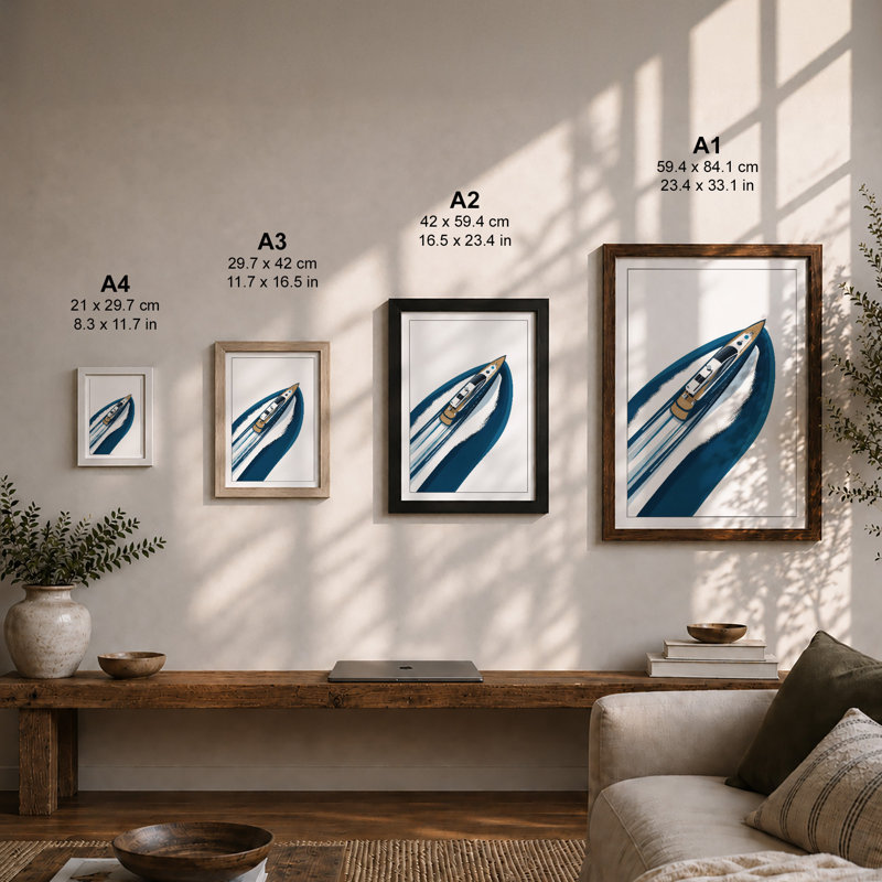 Speedboat In Motion Minimalist - Print, A2 - 59.4 x 42.0 cm, Oak