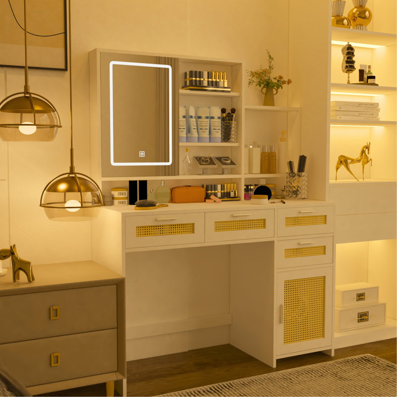 Coiffeuse de maquillage avec lumières en miroir 3 couleurs, bureau de coiffeuse avec 4 tiroirs et 1 armoire, commode de coiffeuse en rotin, pour chambre à coucher