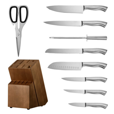 Ensemble de couteaux de cuisine avec bloc et aiguiseur, ensemble de 15 couteaux tranchants en acier inoxydable à haute teneur en carbone allemand, couverts de cuisine avec poignée ergonomique, barre à aiguiser et bloc en bois, pour cuisiniers à domicile