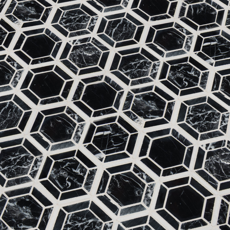 Carreau de mosaïque en marbre poli noir 12 po x 13 po Noir Hexagon, Noir