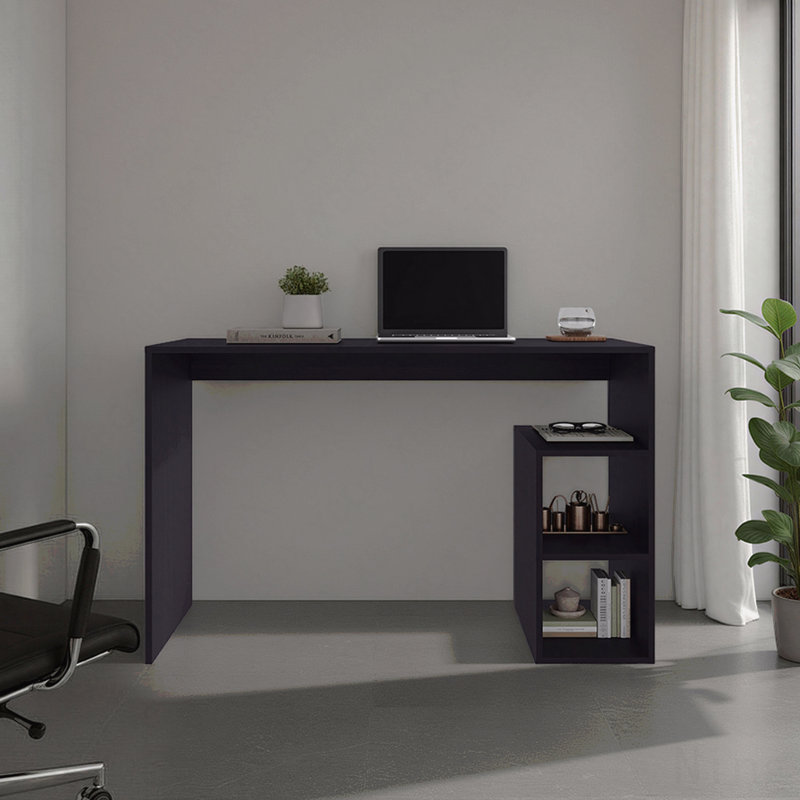 Bureau d'écriture uni avec 3 tablettes de rangement ouvertes, Black