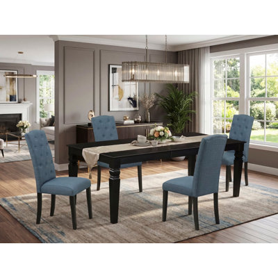 L'ensemble de table de salle à manger 5 pièces pour 4 personnes comprend une table de cuisine rectangulaire avec rallonge papillon et 4 chaises Parson en tissu bleu minéral, noir