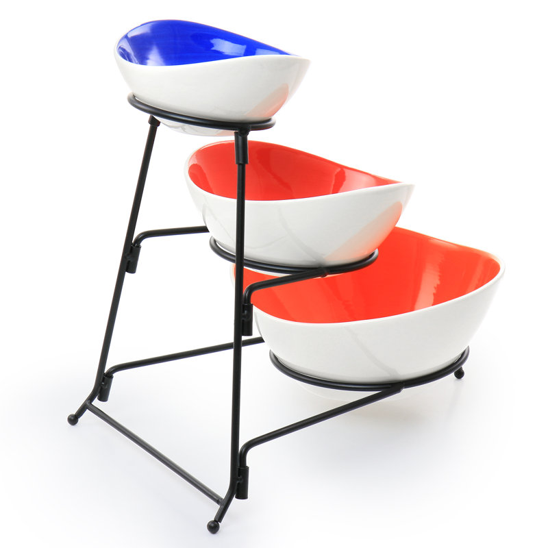 Ensemble de bols de service en grès peint à la main 3 pièces avec support en métal Gibens Home Crenshaw